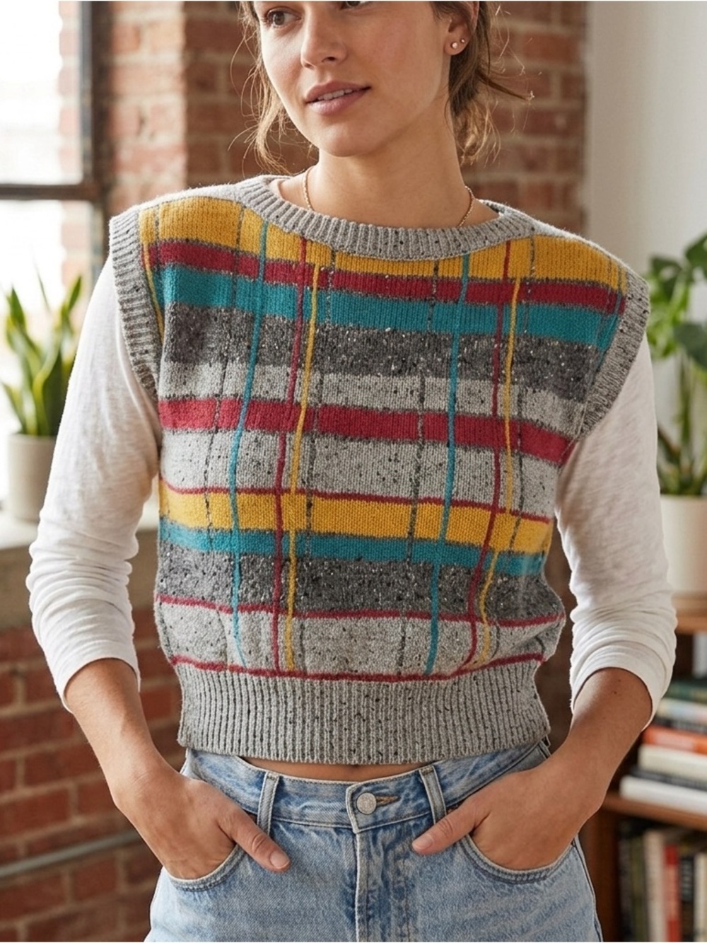 Country Suburbans Retro Vintage Wool Plaid Knit Crop Sleeve Sweater Vest Small